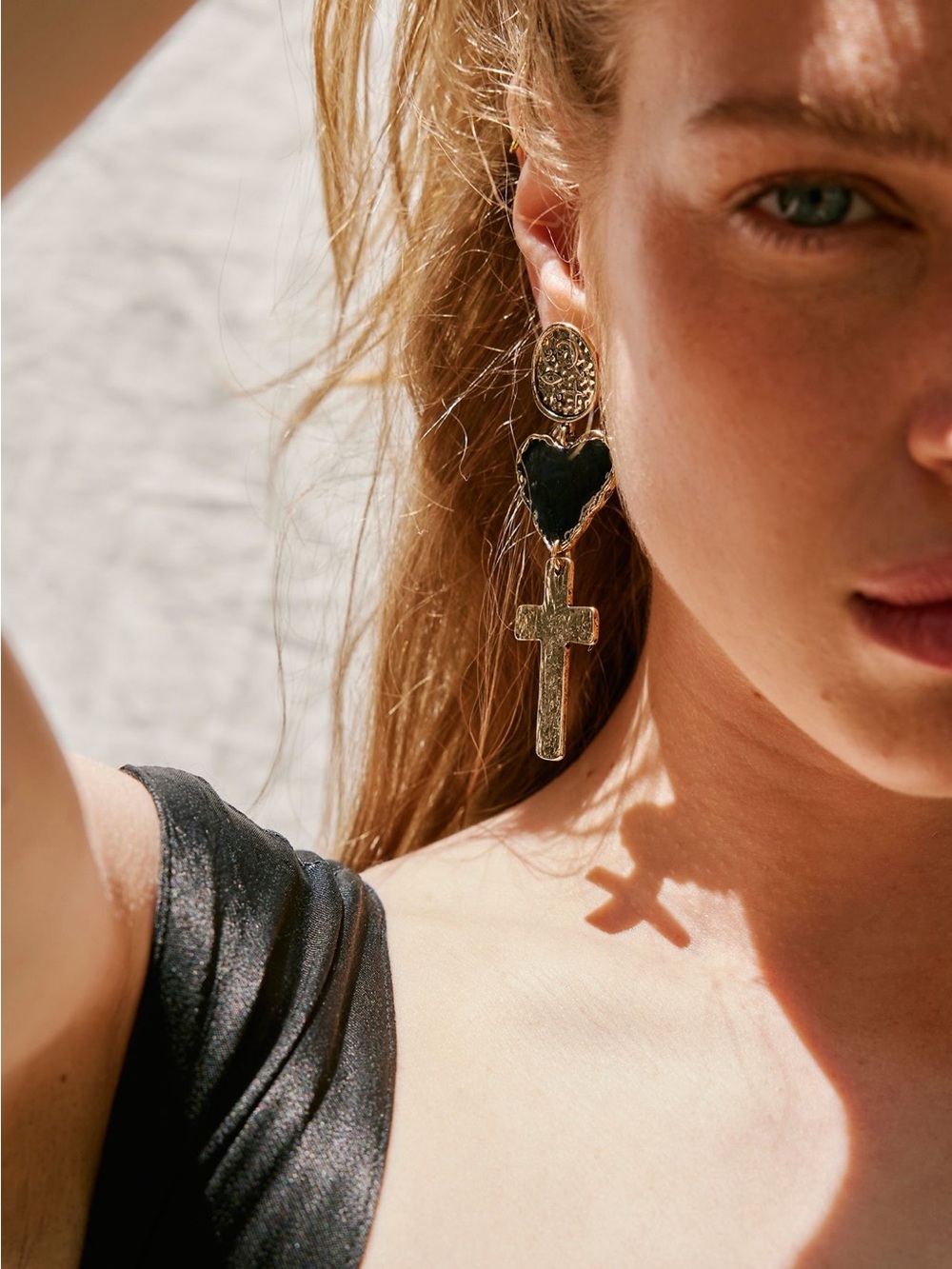 Free People Gold and Black Heart & Cross Drop Earrings